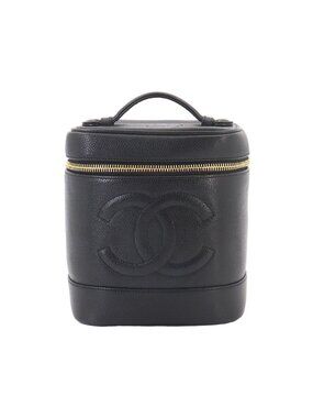 Chanel Vanity Hand Bag Caviar Leather Black CC Logo Gold